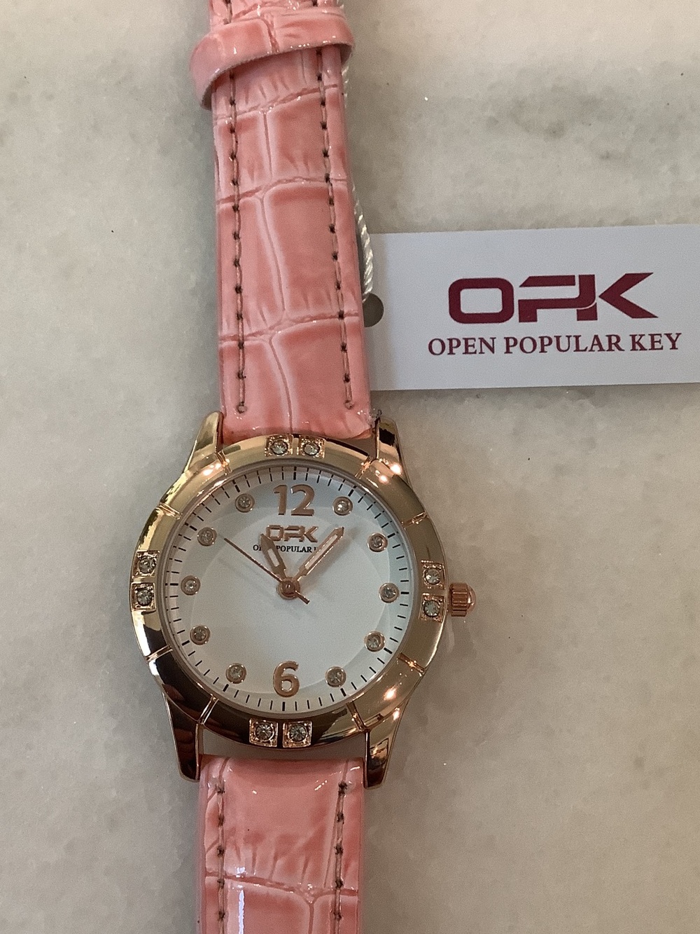 OPK Women’s Pink Leather Strap Watch with Rose Gold Crystal Bezel, Brand New